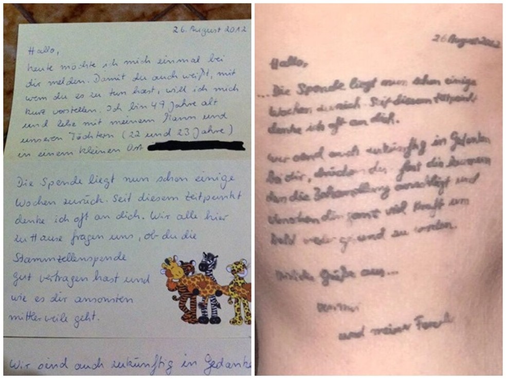 Jovem tatua carta que recebeu de doadora de medula óssea 