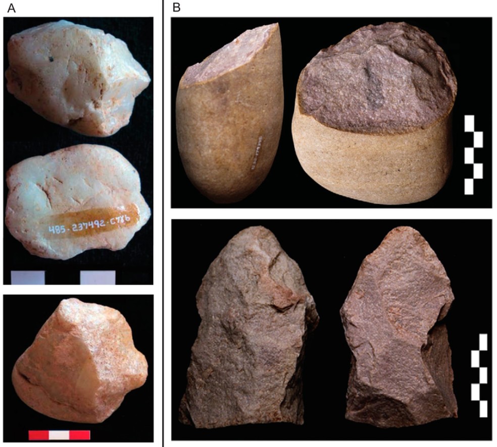 A: artefatos do Vale da Pedra Furada; B: artefatos da Toca da Tira Peia (ambos no Piauí) — Foto: Elsevier