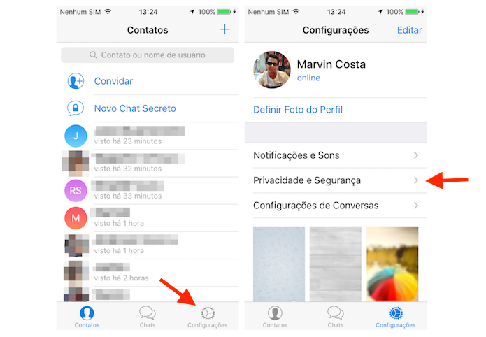 Acessando as opções de privacidade e segurança do Telegram no iPhone (Foto: Reprodução/Marvin Costa)