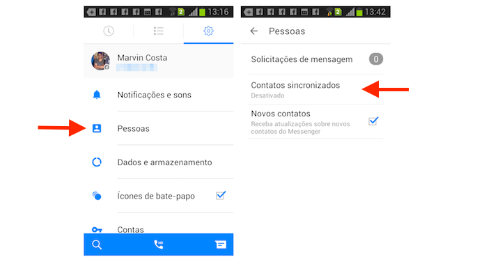 Acessando a opção de contatos sincronizados do Facebook Messenger no Android (Foto: Reprodução/Marvin Costa)
