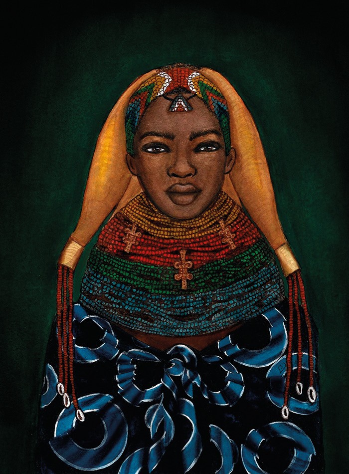 Na etnia Mwila, mulheres usam tranças chamadas nontombis para anunciar morte na família. O penteado é feito com ocre ou oncula, pasta vermelha derivada de pedra triturada. (Foto: Íldima Lima)