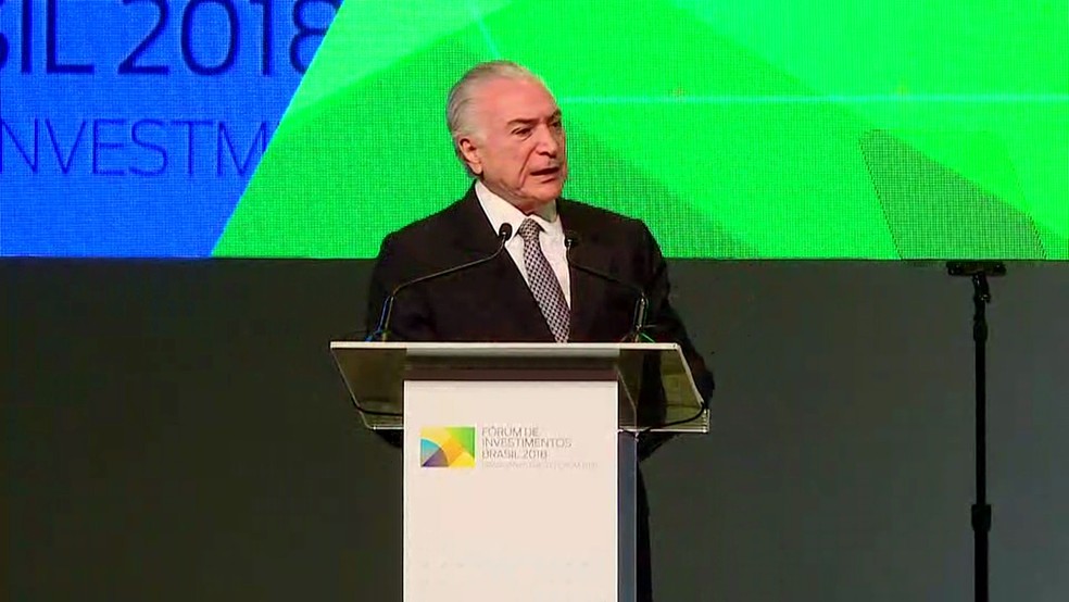 Temer discursa em eventos para investidores em SÃ£o Paulo (Foto: ReproduÃ§Ã£o/TV Globo )