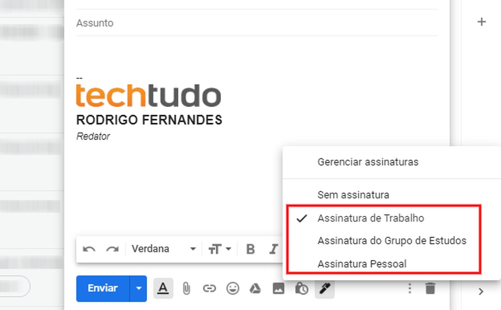 Selecionando uma assinatura diferente no Gmail — Foto: Reprodução/Rodrigo Fernandes