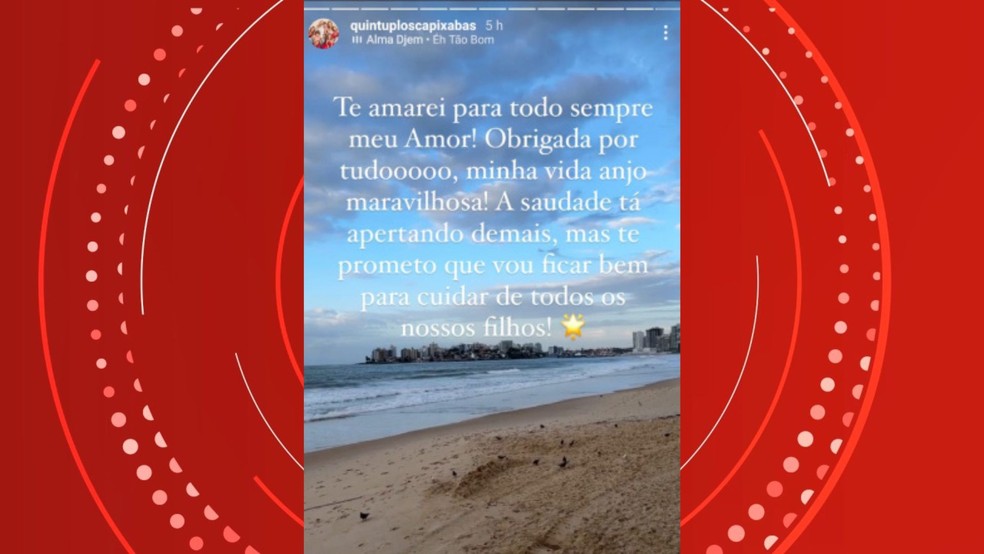Mensagem em homenagem a Jayme Reisen, pai de quíntuplos capixabas, feita pela esposa Mariana Mazelli — Foto: Reprodução