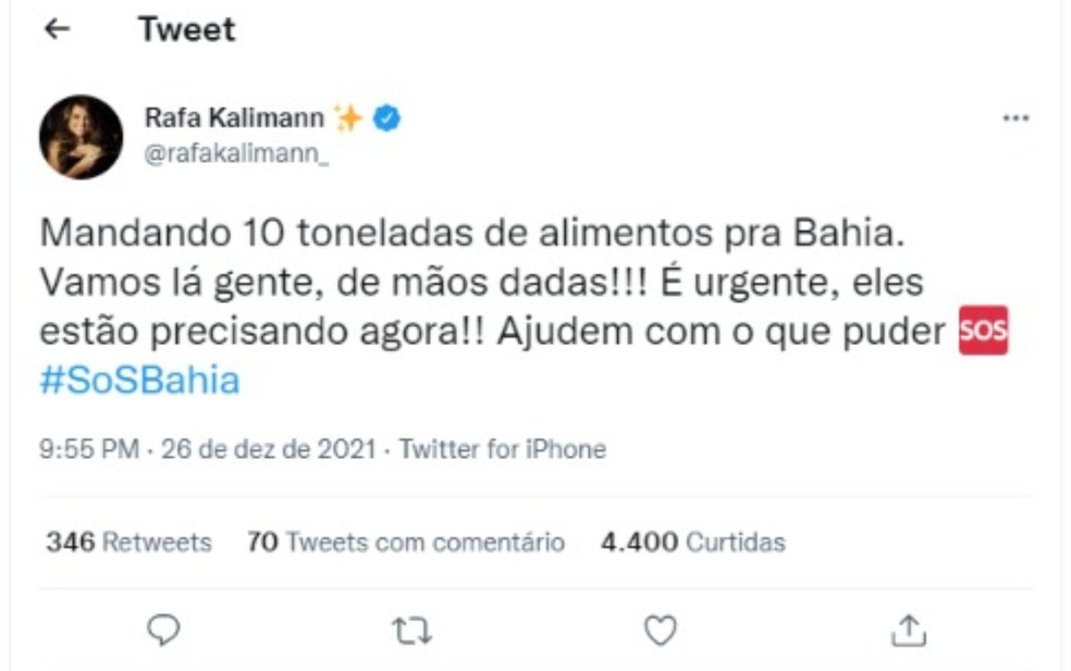Rafa Kalimann anuncia doação de 10 toneladas de alimentos para vítimas das chuvas na Bahia — Foto: Reprodução/Redes Sociais