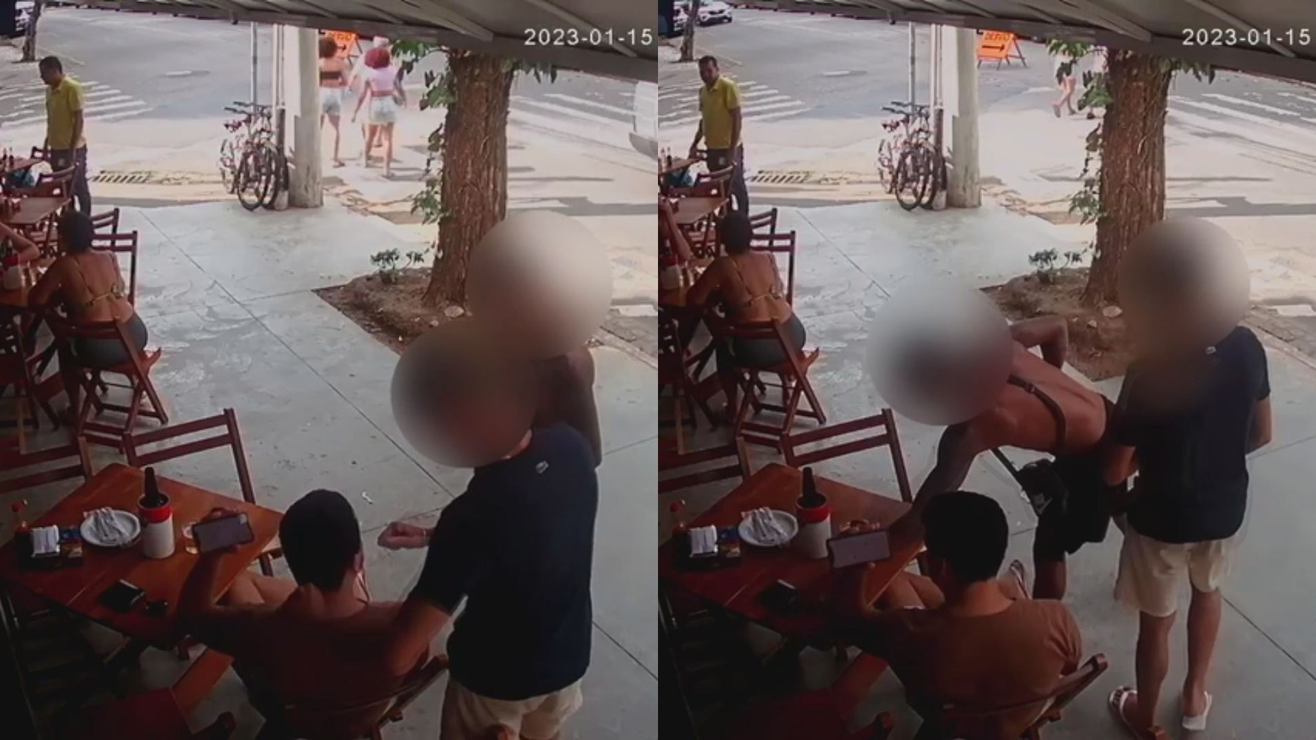 Dupla filmada arrancando a correntinha de cliente em bar 'poupa' o celular da vítima