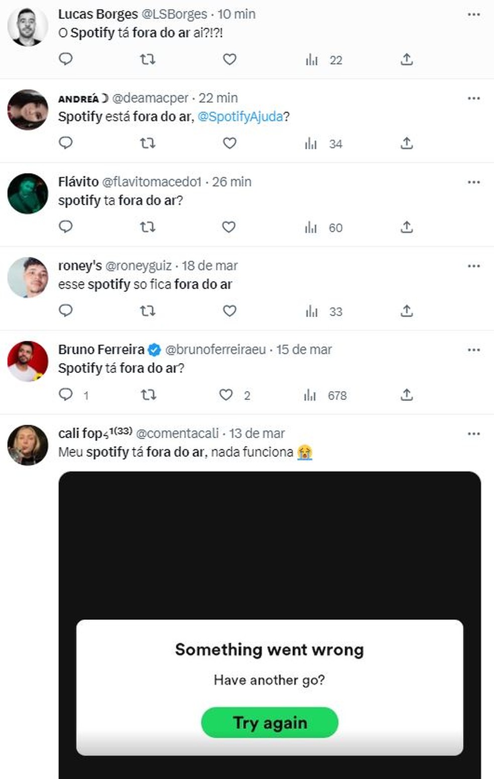 No Twitter, usuários do Spotify relataram instabilidade na plataforma — Foto: Reprodução/ Twitter