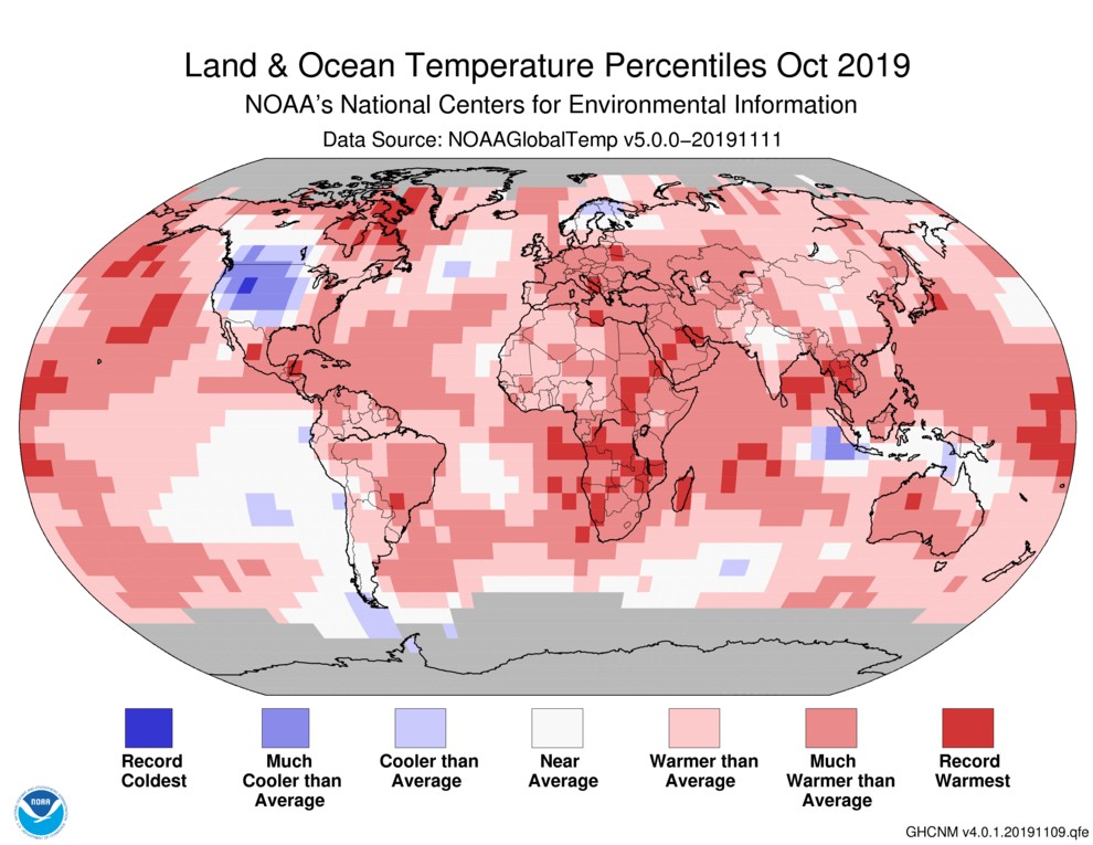 Gráfico mostra aumento da temperatura global em outubro de 2019 em relação à média do século 20 (Foto: Divulgação/NOAA)