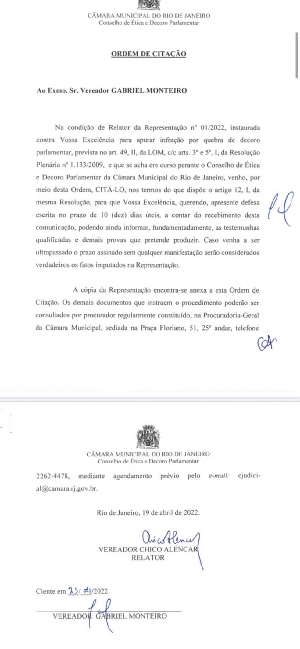 Notificação com assinatura do vereador Gabriel Monteiro  — Foto: Reprodução 