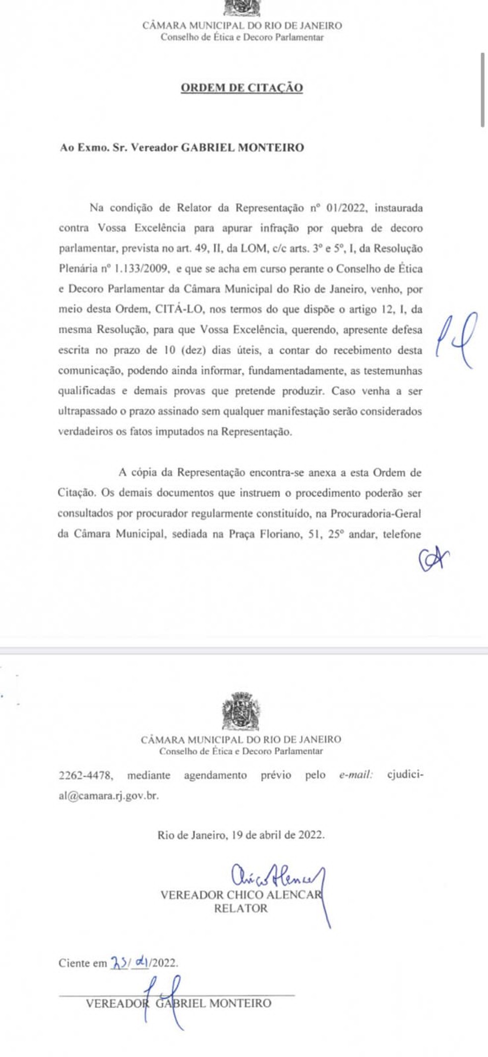 Notificação com assinatura do vereador Gabriel Monteiro — Foto: Reprodução 