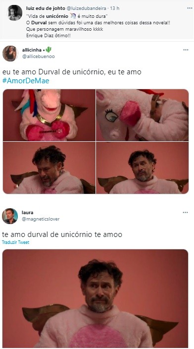 Durval (Enrique Diaz) aparece fantasiado de unicórnio em Amor de Mãe e conquista web (Foto: Reprodução/Instagram)