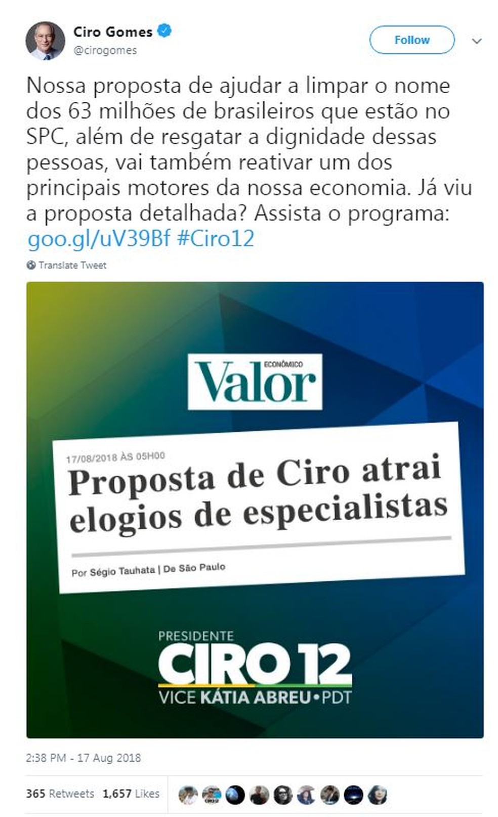 Ciro Gomes anuncia proposta pelas redes sociais (Foto: Reprodução/Twitter)